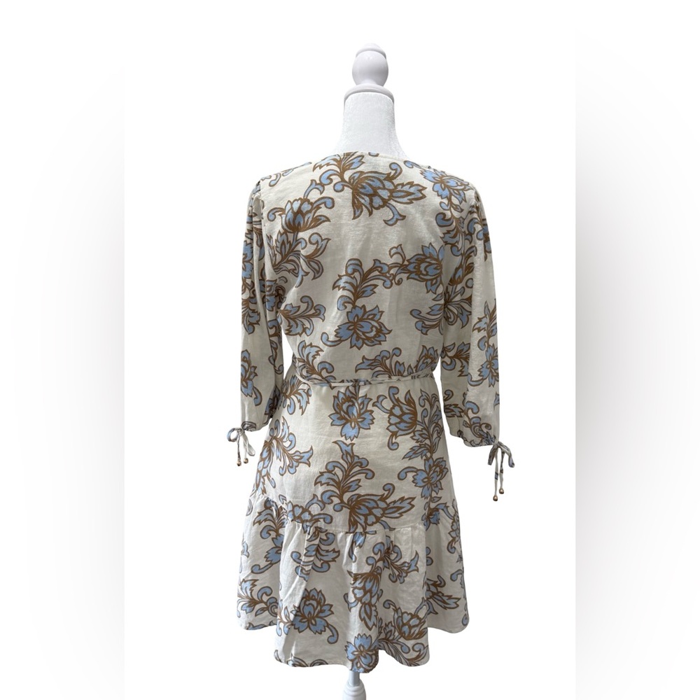 NWT Joie Floral Linen Mini Dress Blue Ivory Tie Sleeve Size 6 Vintage Inspired - Picture 3 of 9
